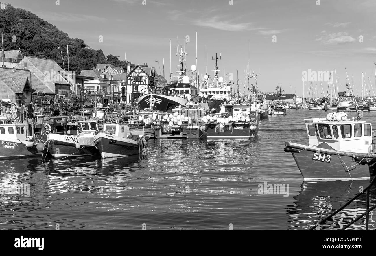 Fishing boats are moored together alongside a wharf and buildings stand along the waterfront. An ancient wall runs along the top of a hill. Stock Photo