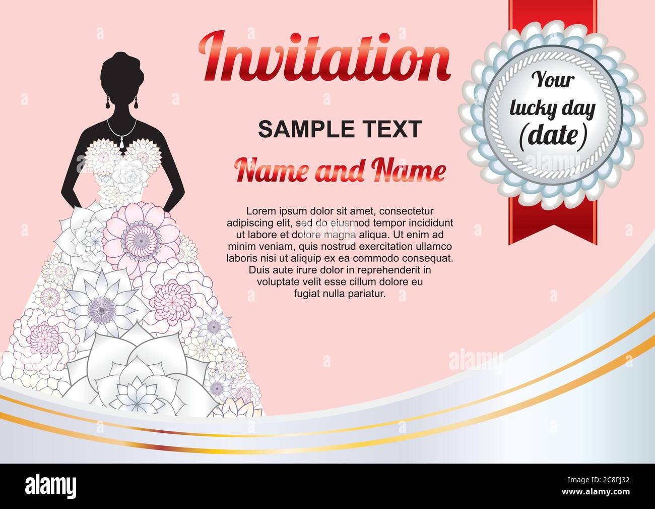 Amazing, luxurious wedding invitation or a poster, greeting card with pink background and a bride in a dress with white flowers. Stock Vector