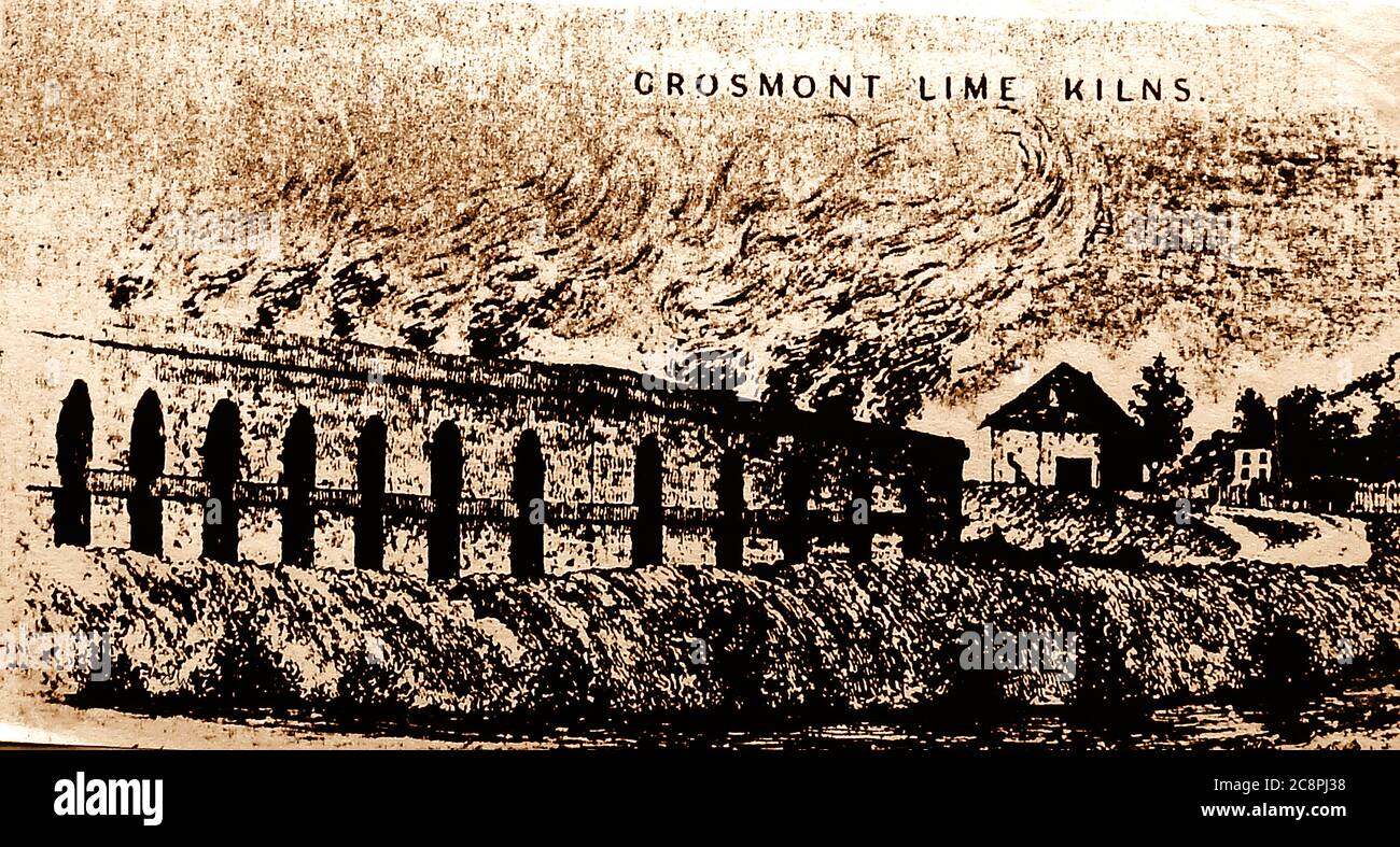 An historic old print of a scene near Grosmont village, North Yorkshire UK, showing  the former Grosmont lime kilns. (now demolished) . The opening of the railway in 1836 brought industry to this area  when  four lime kilns were constructed by the Whitby and Grosmont Lime Company, They were supplied with stone from Pickering whilst the Whitby Stone company exported Grosmont ironstone and also building stone. Stock Photo