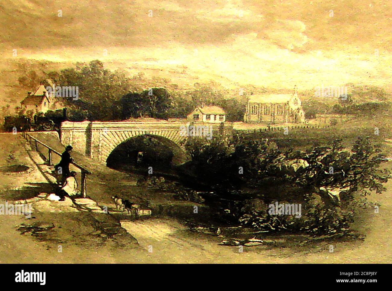 The Whitby and Pickering Railway (W&P)  -An historic old print of a scene near Grosmont village, North Yorkshire showing the village church, school and old railway bridge with a train and carriage at Grosmont, North Yorkshire UK. Below the two people in the picture can be seen a dog cart pulled by two dogs. Stock Photo