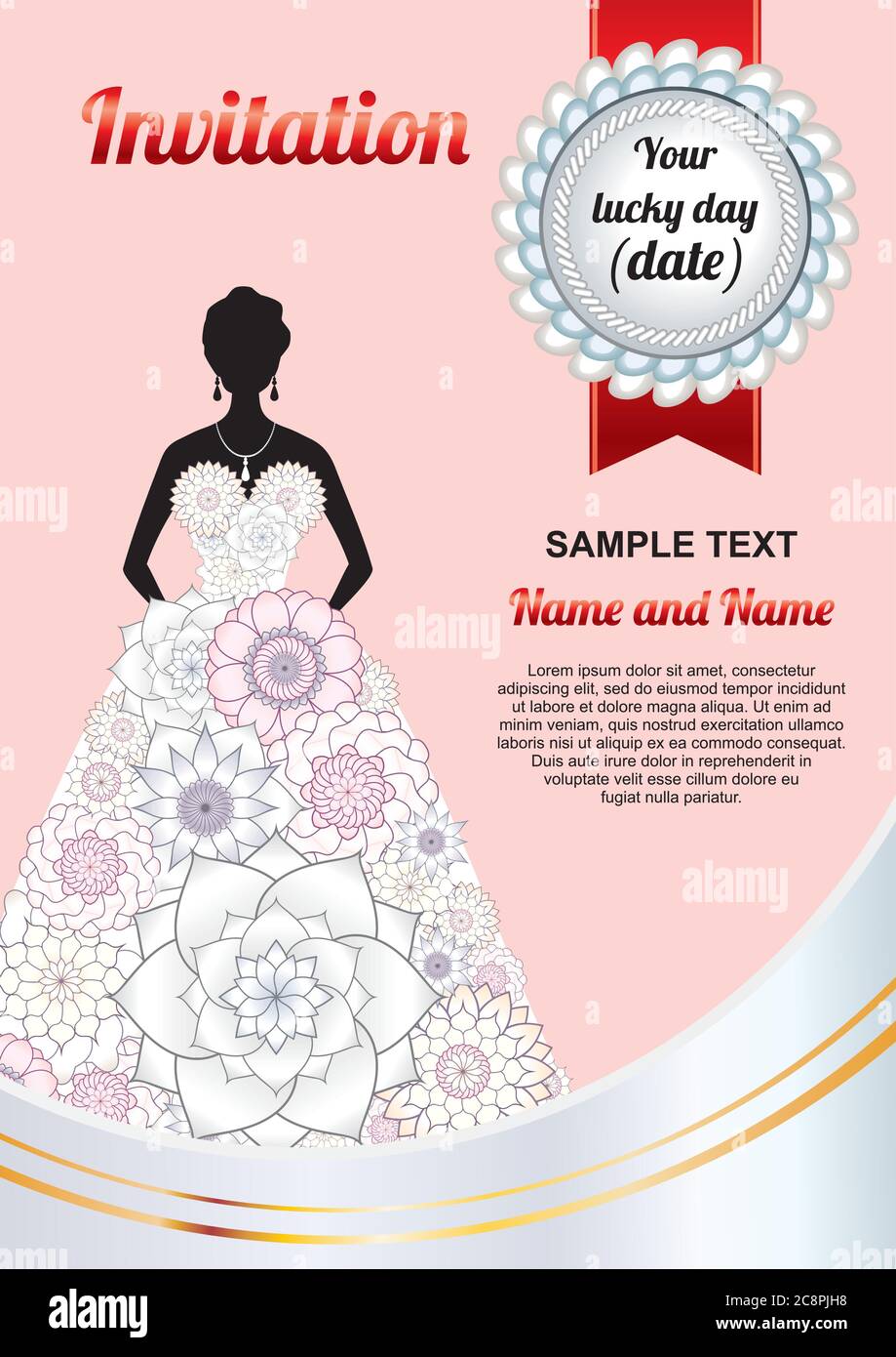 Amazing, luxurious wedding invitation or a poster, greeting card with pink background and a bride in a dress with white flowers. Stock Vector