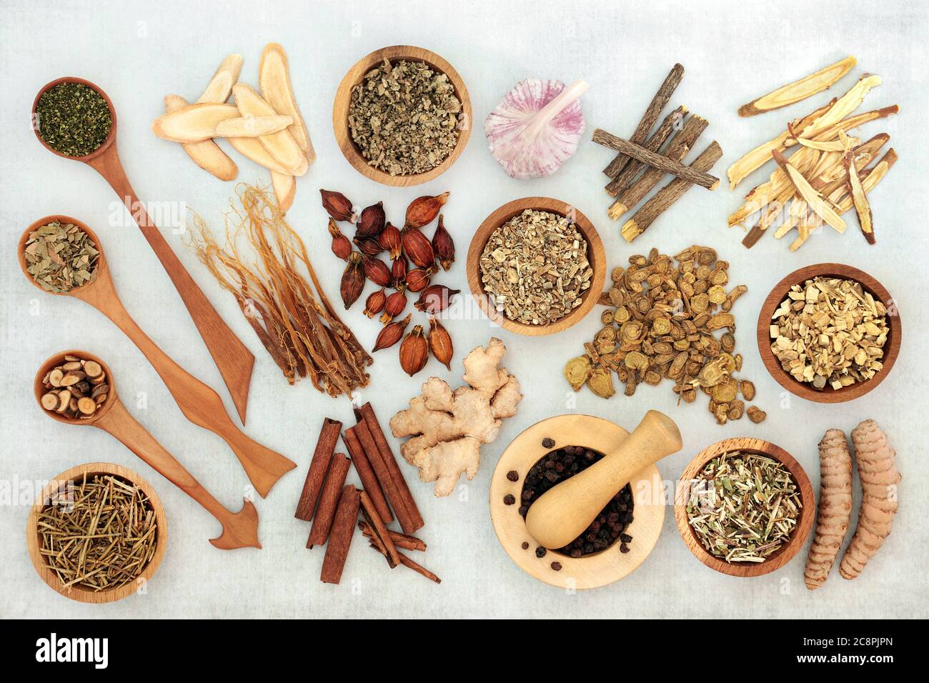Herb and spice collection used in natural and chinese herbal medicine to relieve asthma and to treat COPD and other respiratory diseases. Flat lay. Stock Photo