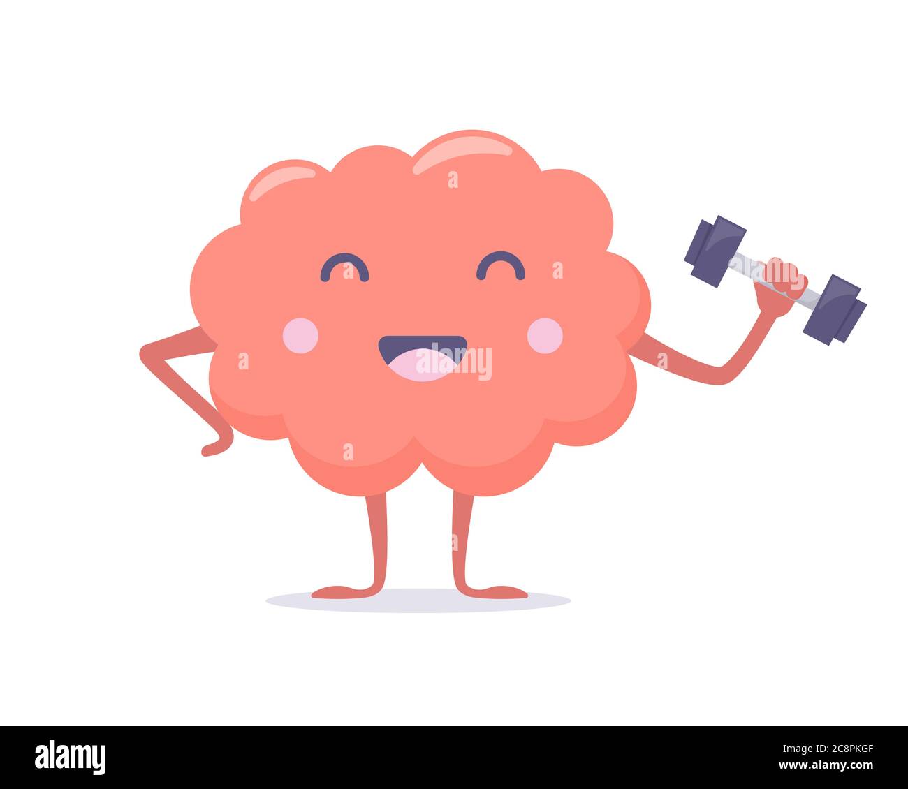 Cute pink brain character with dumbbell. Mental health concept. Brain training exercise. Vector illustration in flat style Stock Vector
