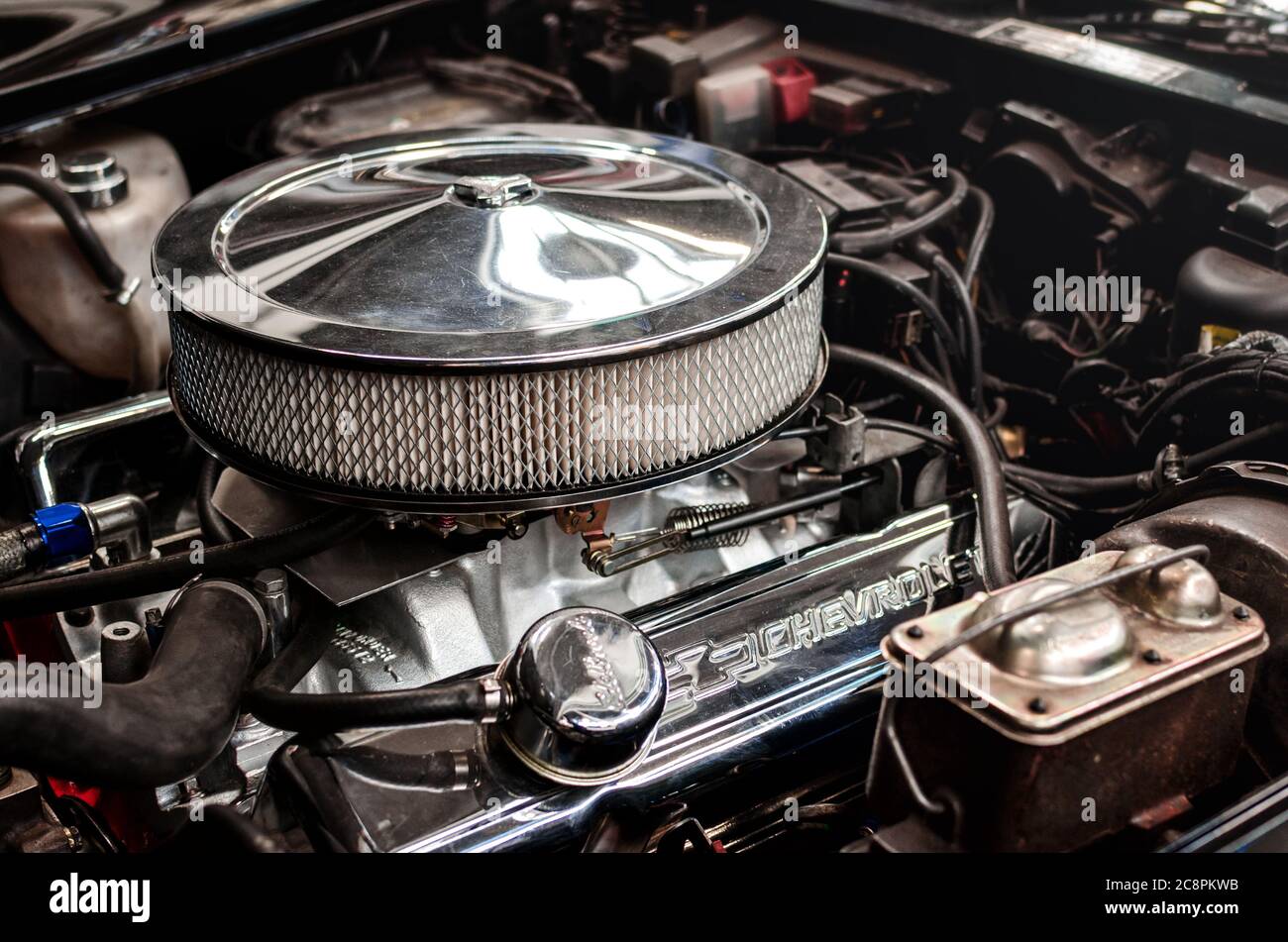 TURIN, ITALY - MARCH 25, 2018: engine detail of a 1980 Chevrolet Corvette L-82 on a classic american car exhibition in Turin (Italy) on march 25, 2018 Stock Photo