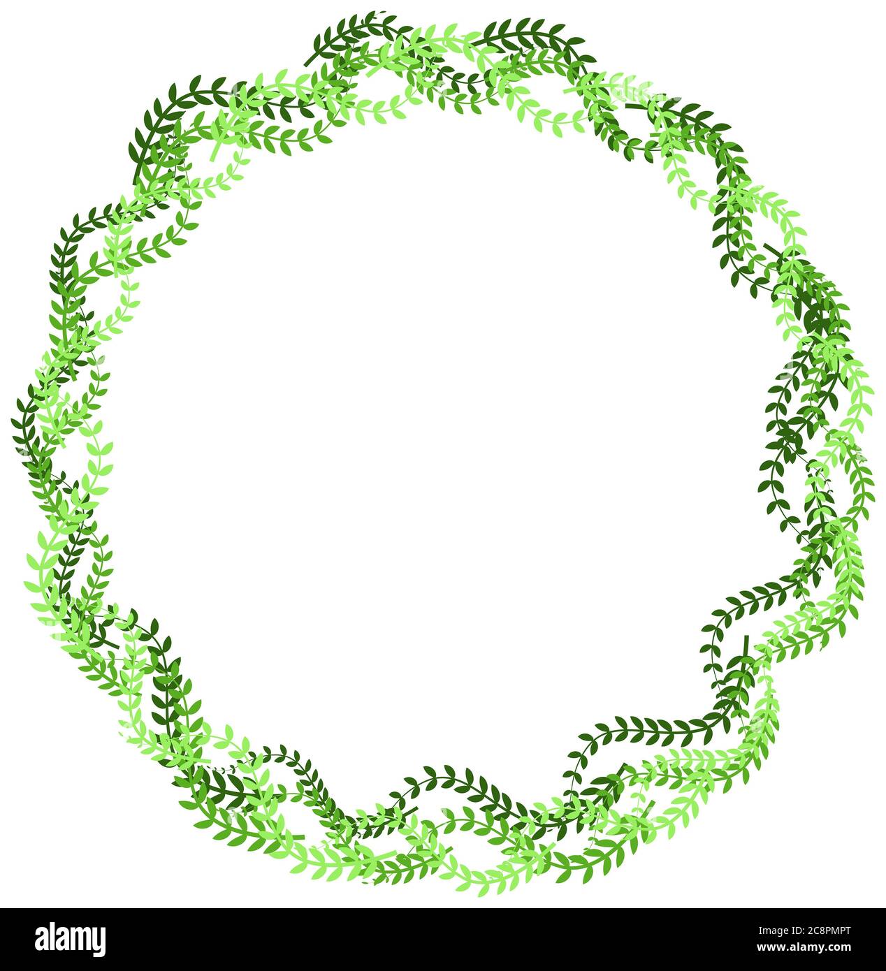 Circular frame formed by green twigs with different shades. Ecological symbol. Nature motif. Stock Photo