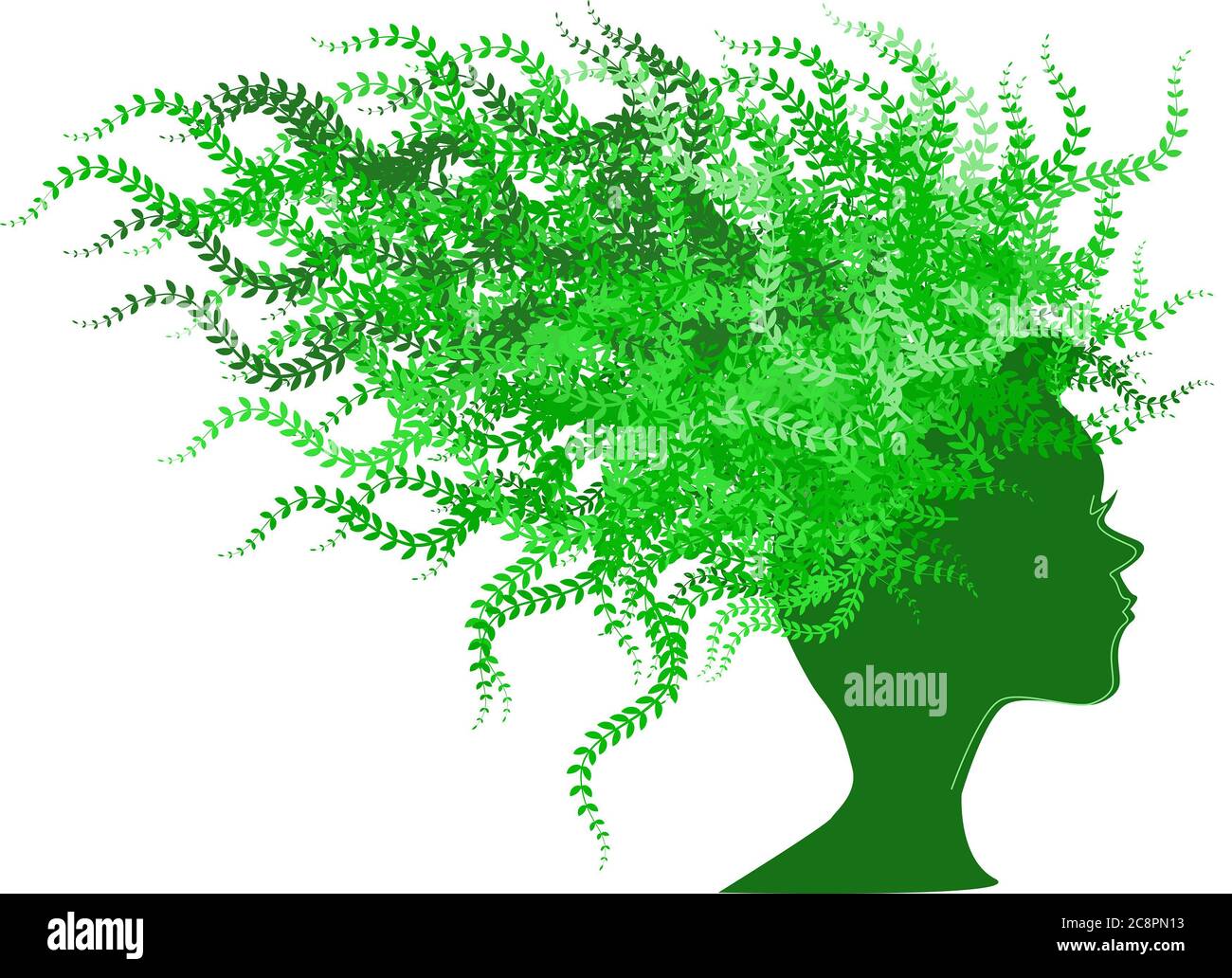 I mean green. Ecological symbol. Eco friendly cosmetics. Green silhouette of a female head with a profile with green twigs of different shades instead Stock Photo