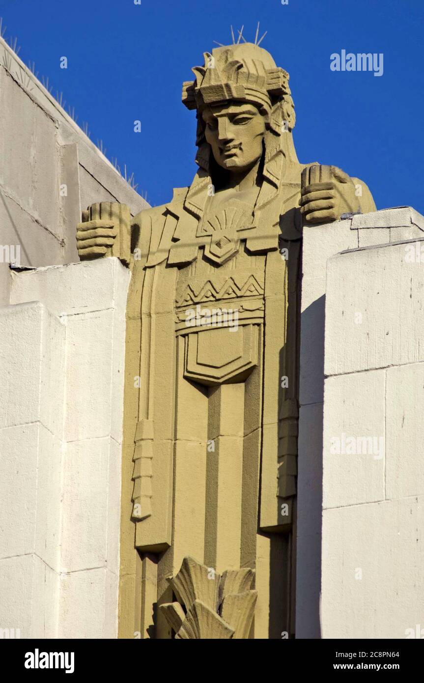 Classic art deco detail of ornamental statue on the Pantages theater building in Hollywood, CA Stock Photo
