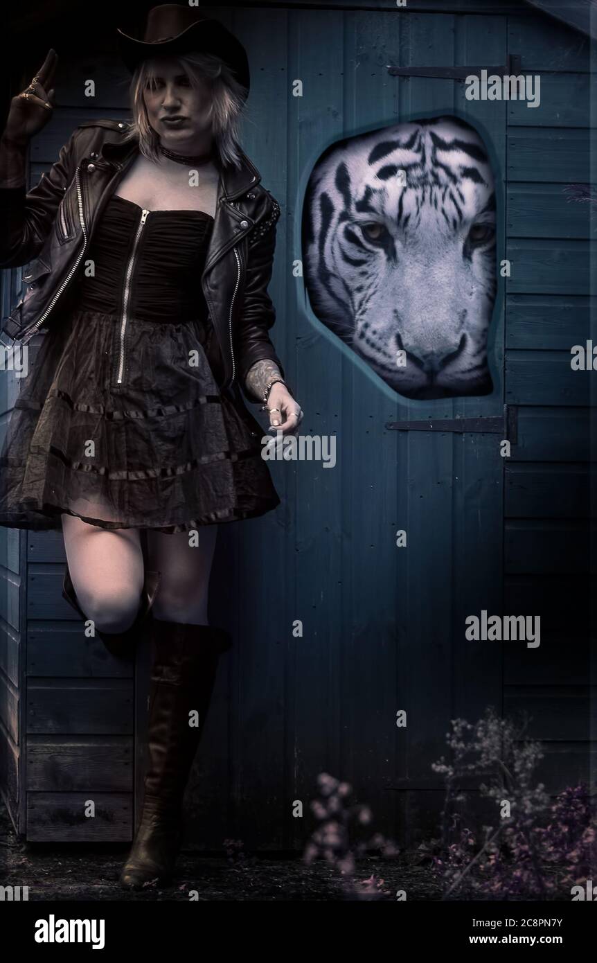 Fantasy photomanipulation of a cowgirl and a white tiger looking out from the shed Stock Photo