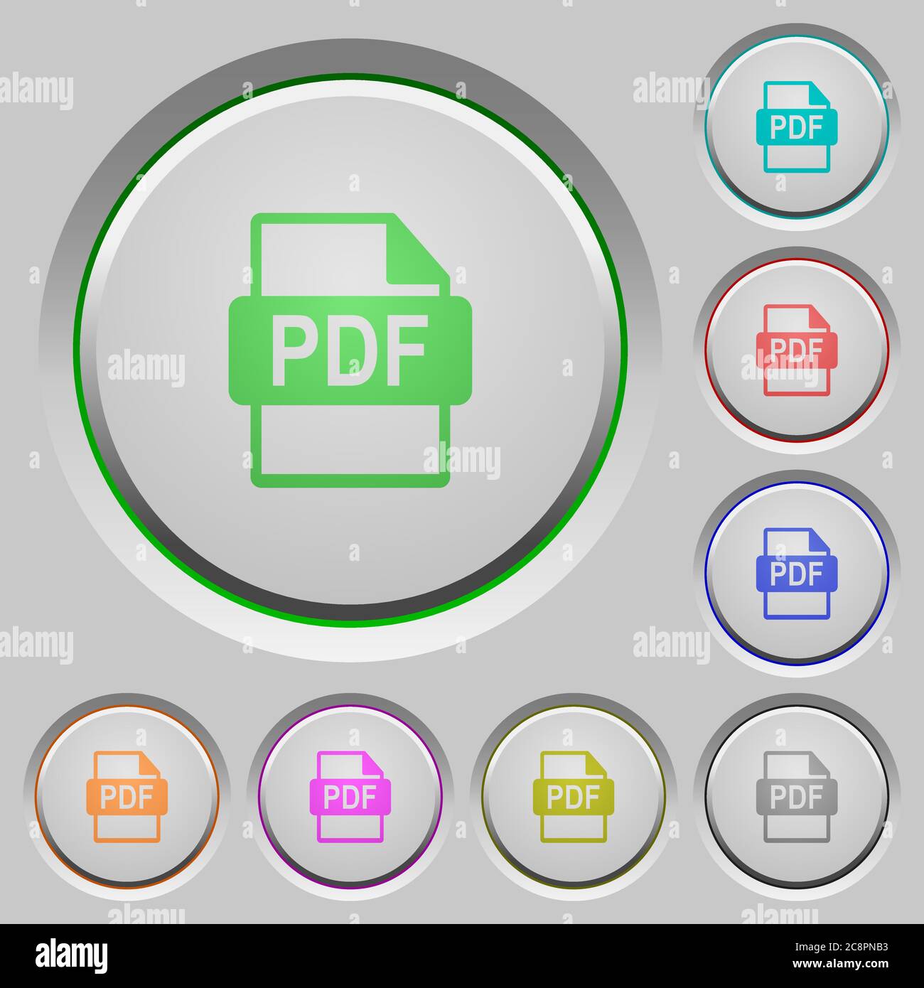 Set of color PDF file format sunk push buttons. Stock Vector