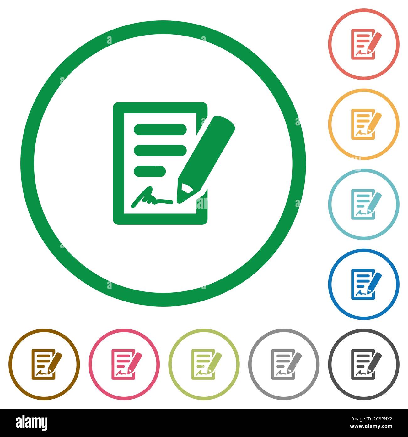 Set of signing contract color round outlined flat icons on white ...