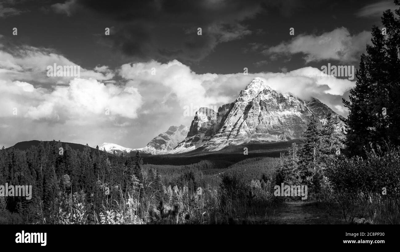 Black and White Photo of Mount Fitzwilliam, East on the Yellowhead Highway in British Columbia, Canada and part of the Canadian Rockies Stock Photo