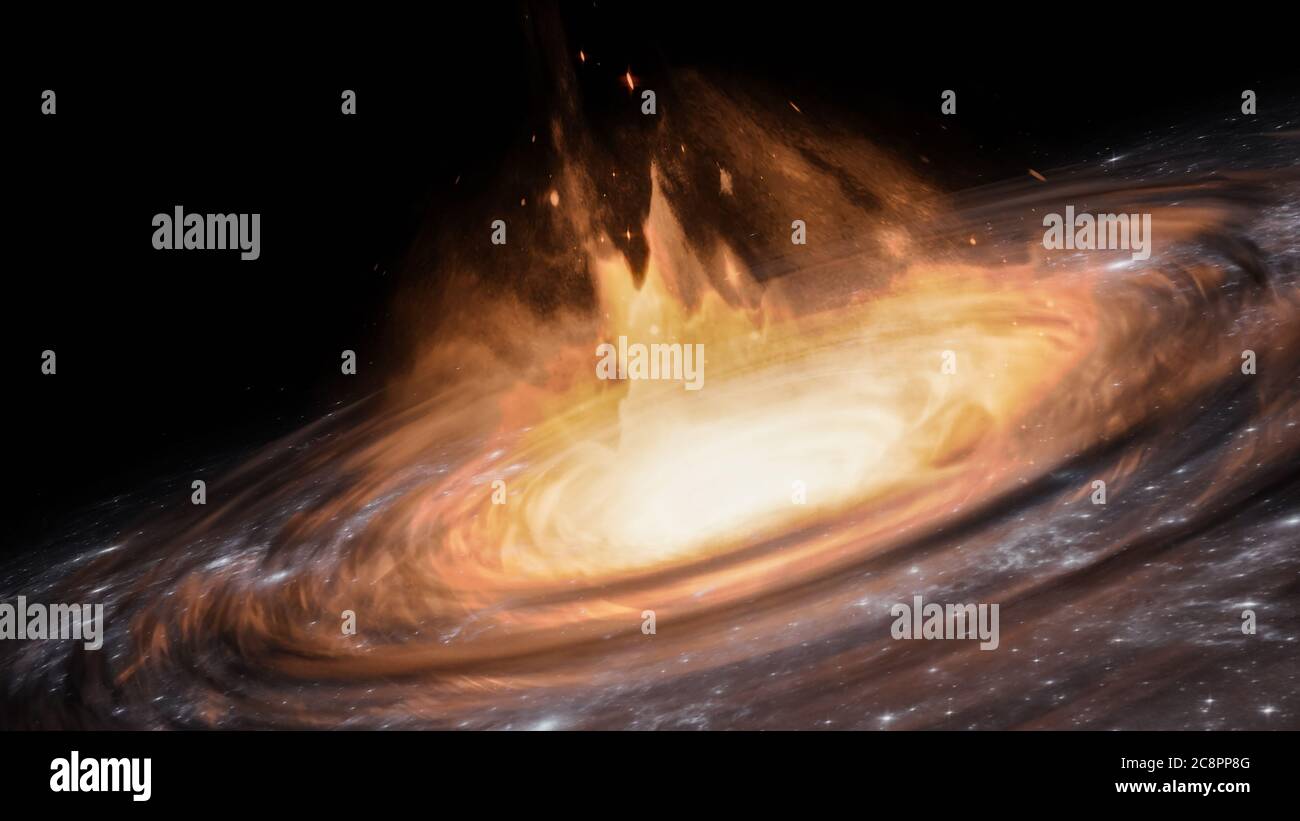 Quasar or black hole with accretion disk and gas clouds 3D rendering illustration. Outer space or spacescape concept. Artistic vision. Stock Photo