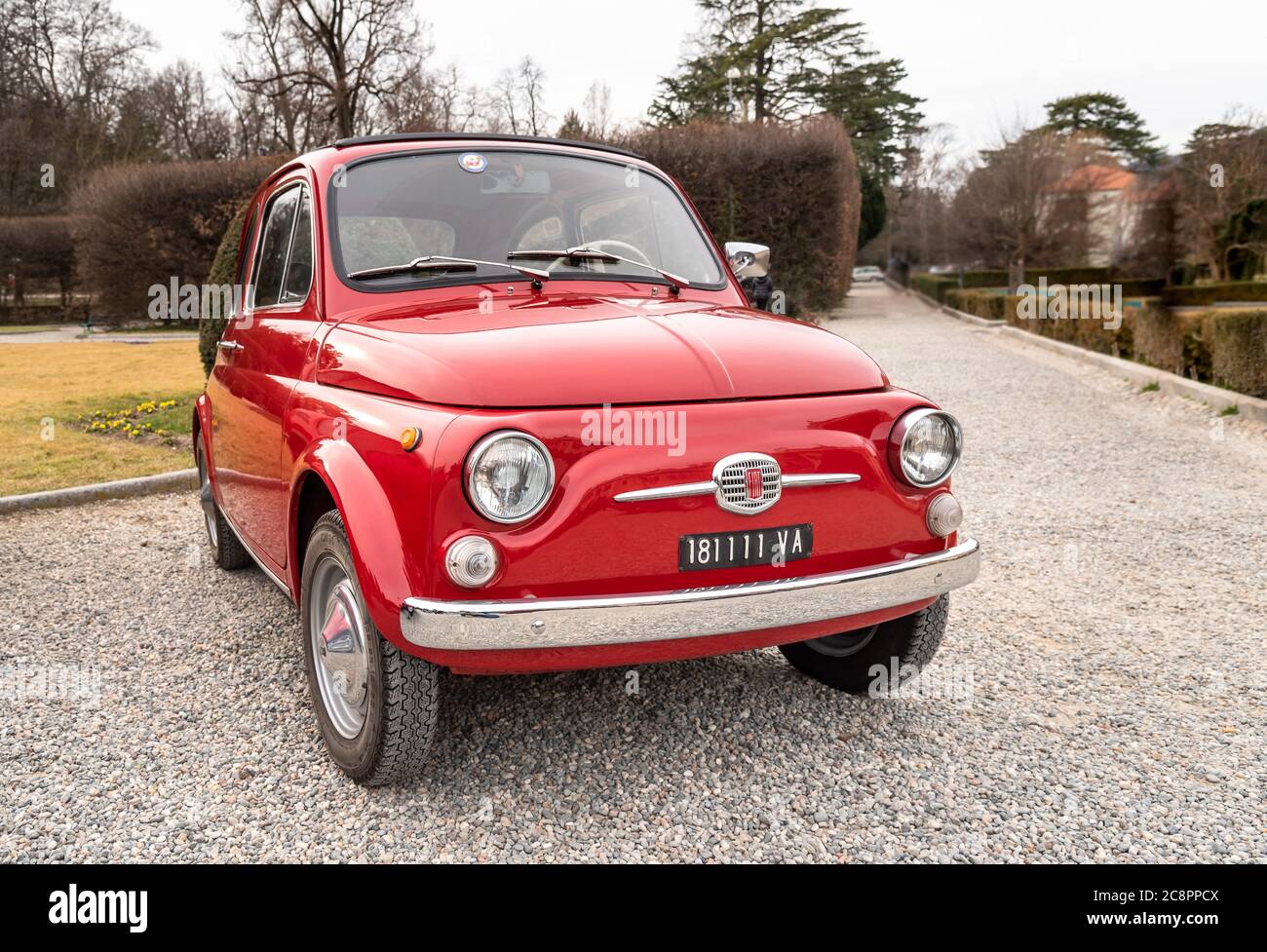 Varese, Italy - March 2, 2019: The front of the Red Classic Vintage Italian Fiat 500, parked in the historic center of Varese, Italy Stock Photo