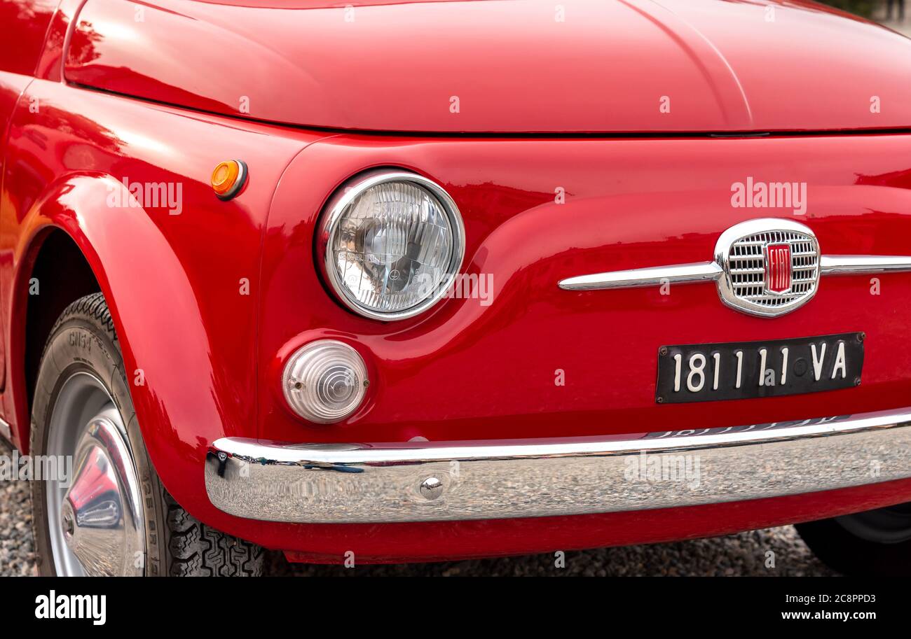 Varese, Italy - March 2, 2019: The front of the Red Classic Vintage Italian Fiat 500, parked in the historic center of Varese, Italy Stock Photo