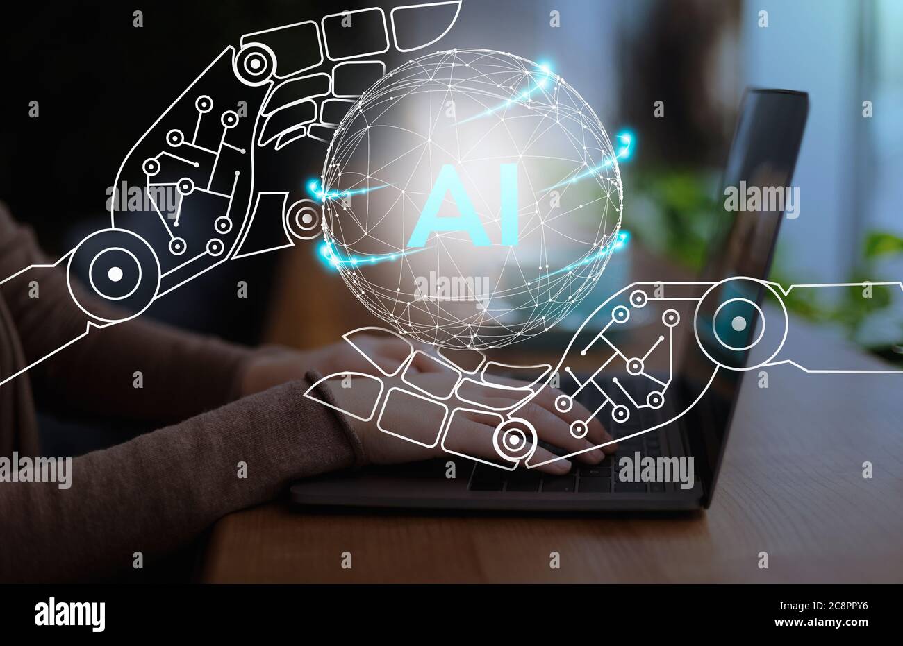 Virtual cyborg hands holding sphere with AI text over workplace Stock Photo