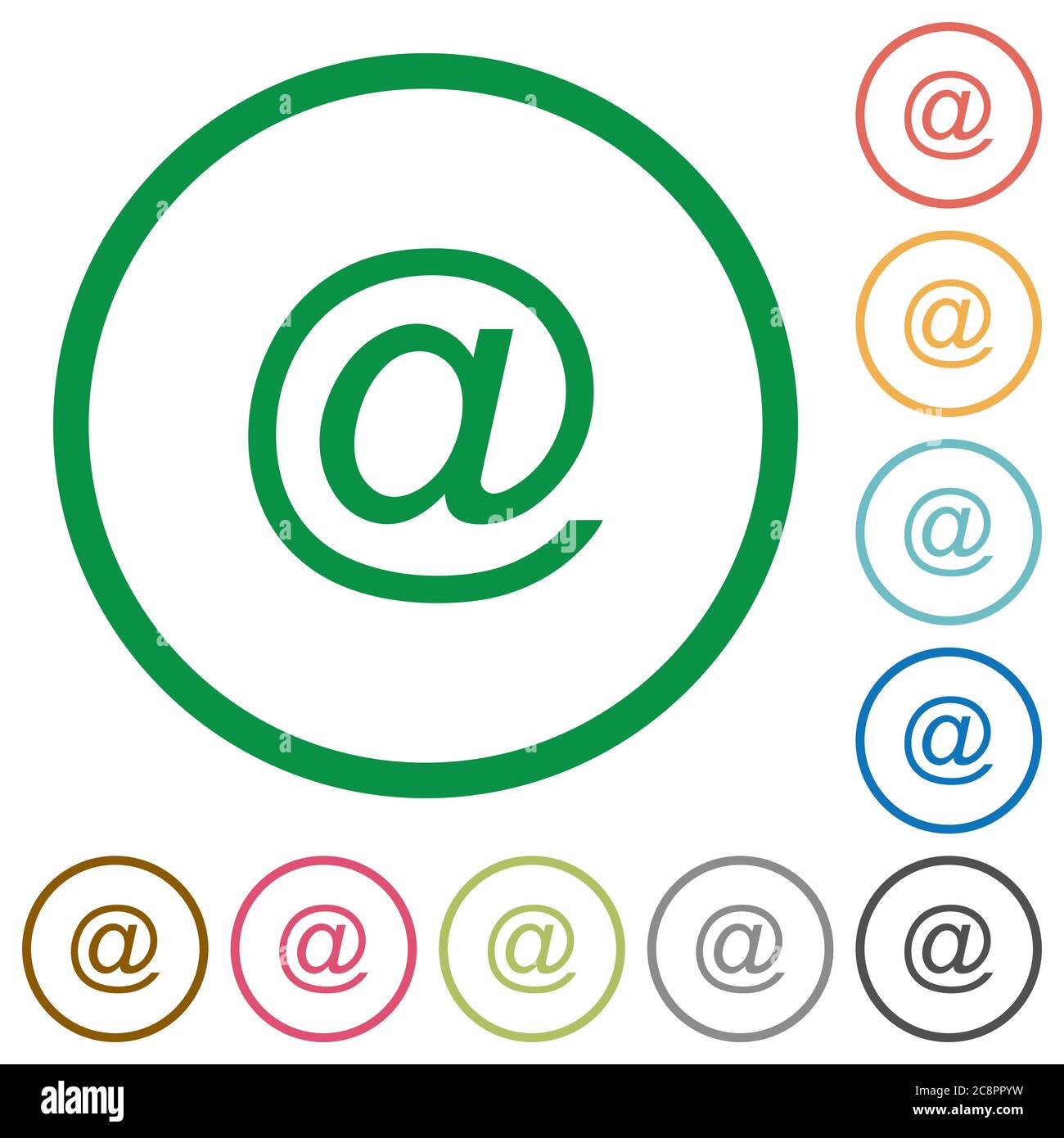 Set of email symbol color round outlined flat icons on white background ...