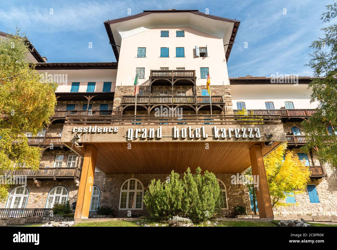 Carezza, South Tyrol, Italy - October 13, 2019: View of Grand Hotel Carezza, is one of the most important Alpine hotels in Dolomites, Italy Stock Photo
