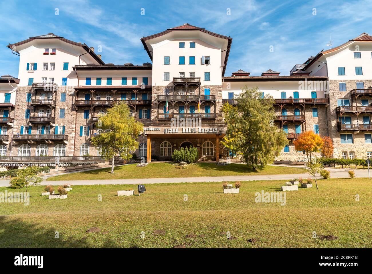Carezza, South Tyrol, Italy - October 13, 2019: View of Grand Hotel Carezza, is one of the most important Alpine hotels in Dolomites, Italy Stock Photo
