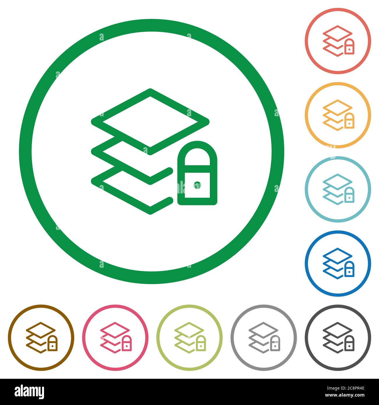 Set of locked layers color round outlined flat icons on white ...