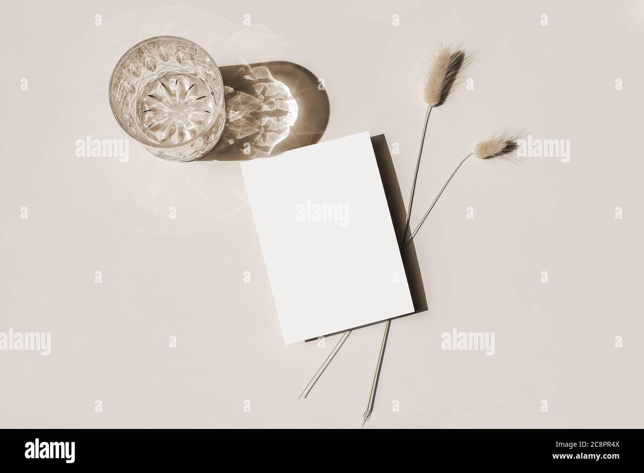 Modern summer stationery still life. Glass of water, cocktail, ong shadows and Lagurus ovatus grassy foliage. Blank greeting card mock up scene. Beige Stock Photo