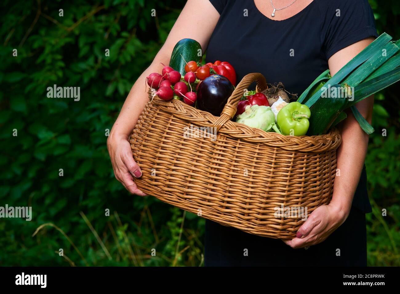 Woman holding wicker basket hi-res stock photography and images - Alamy