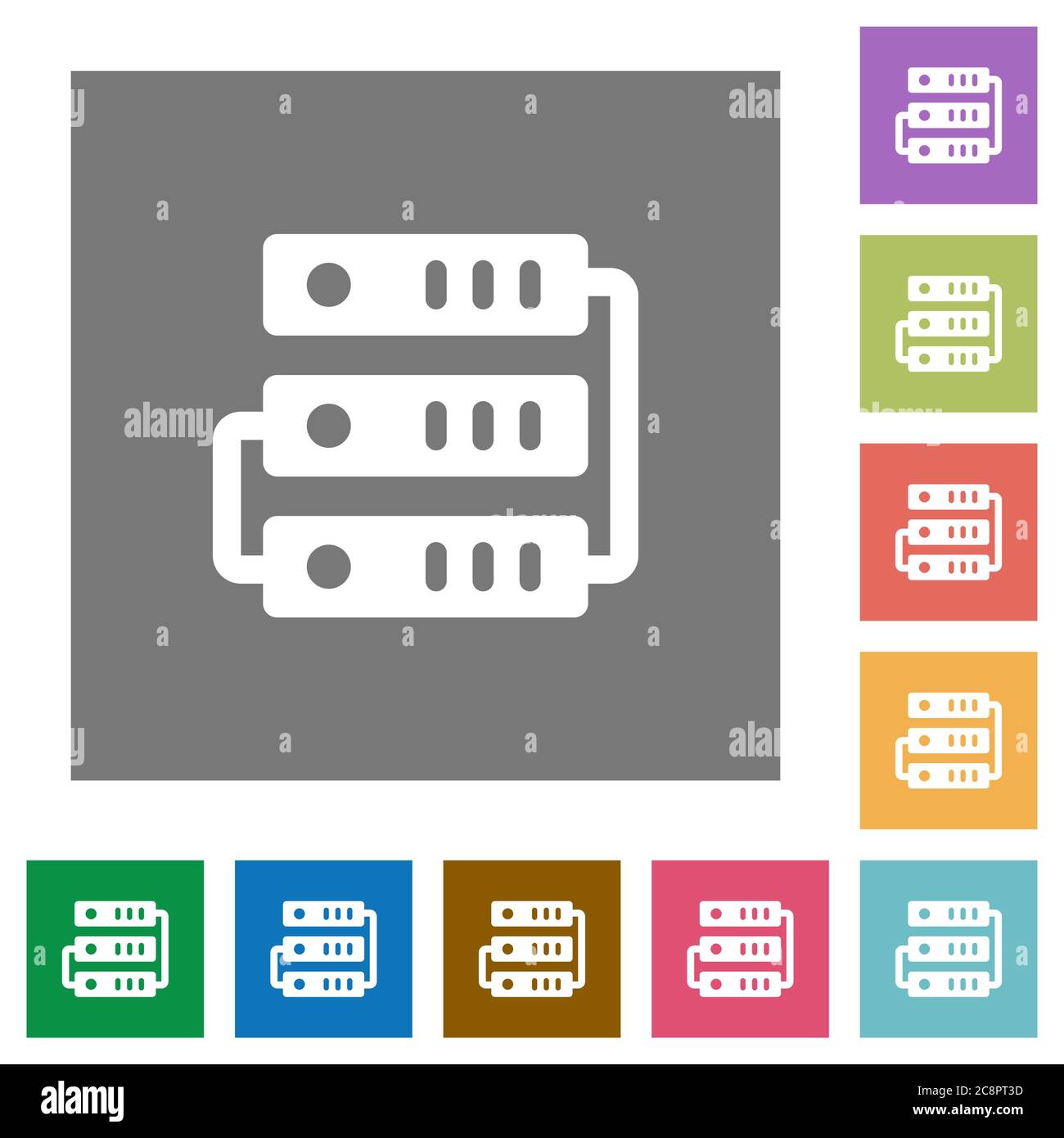 Servers flat icon set on color square background. Stock Vector