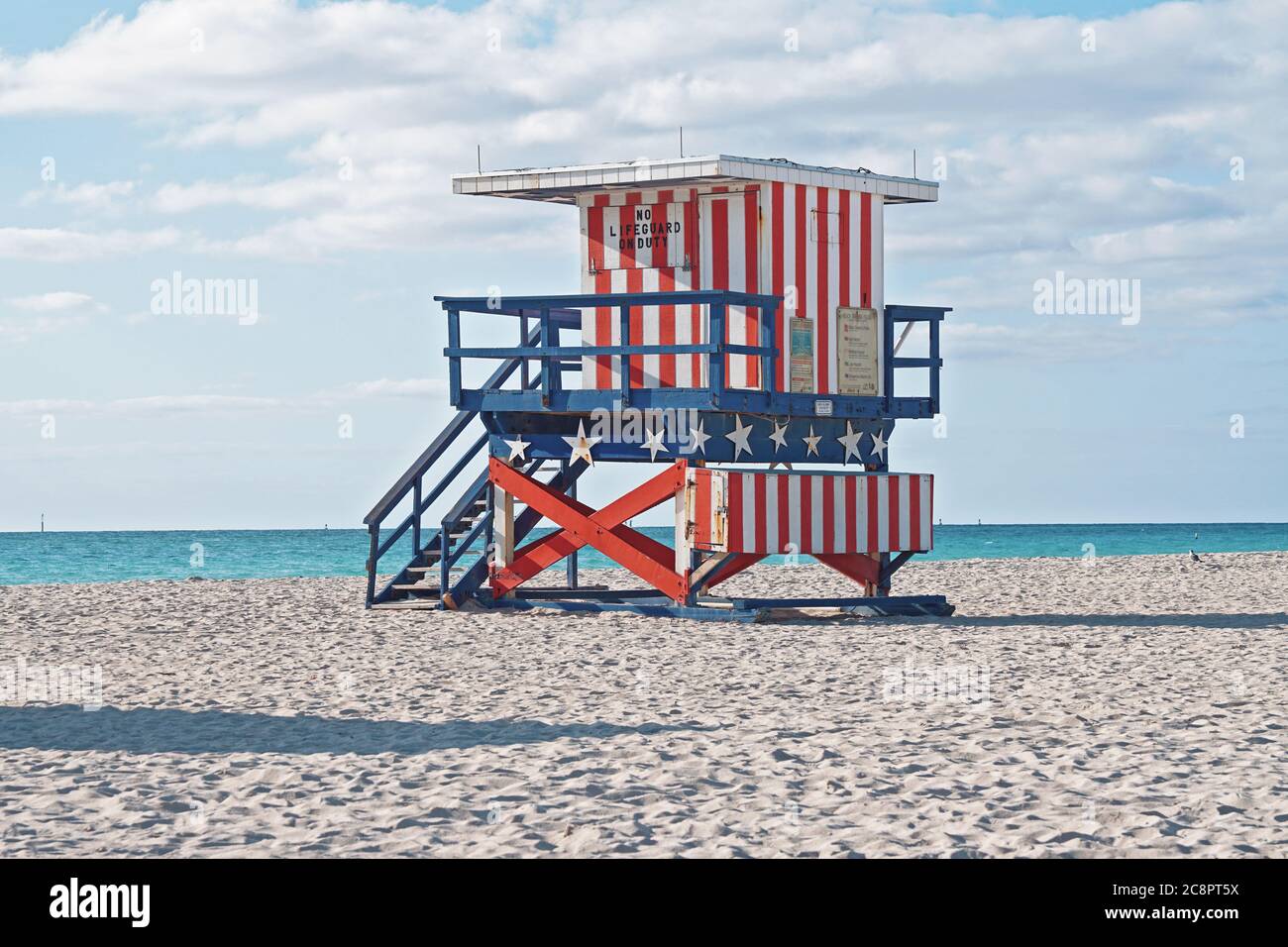miami beach typical lifeguard tower stars and stripes painted on the beach Stock Photo
