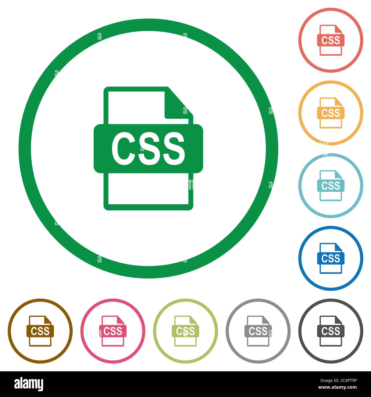 Set of CSS file format color round outlined flat icons on white ...