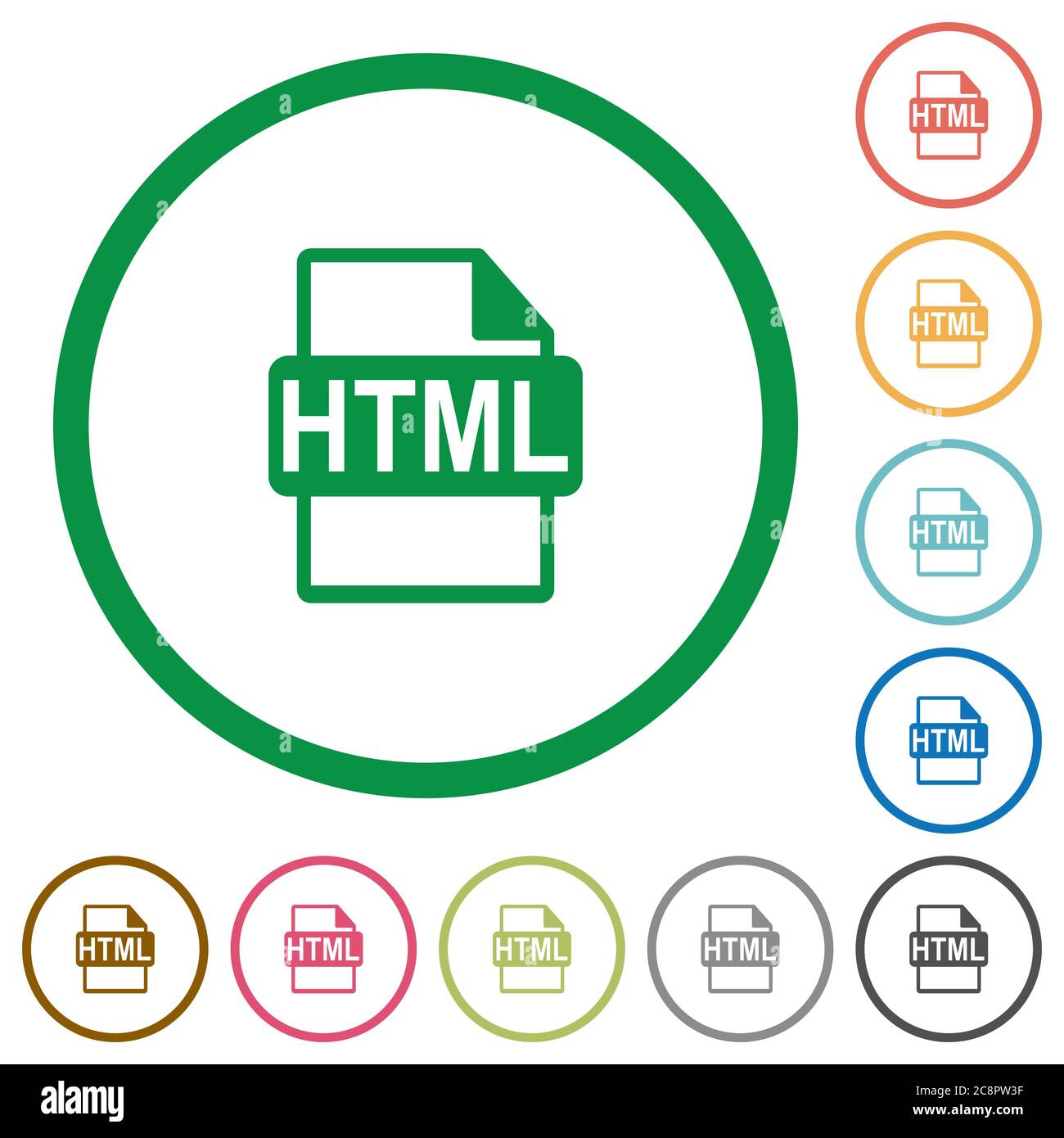 Set of HTML file format color round outlined flat icons on white ...