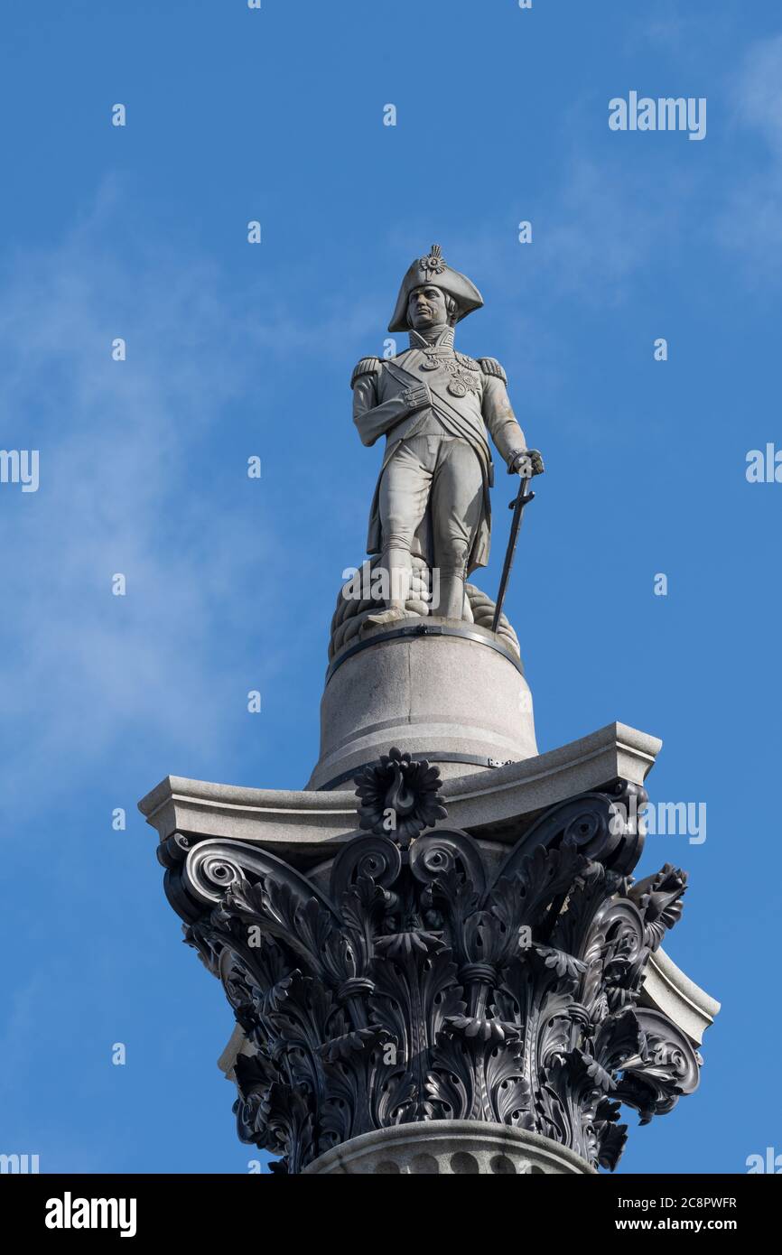 The statue of Lord Nelson on top of Nelson's Column in Trafalgar Square in the City of Westminster. Stock Photo