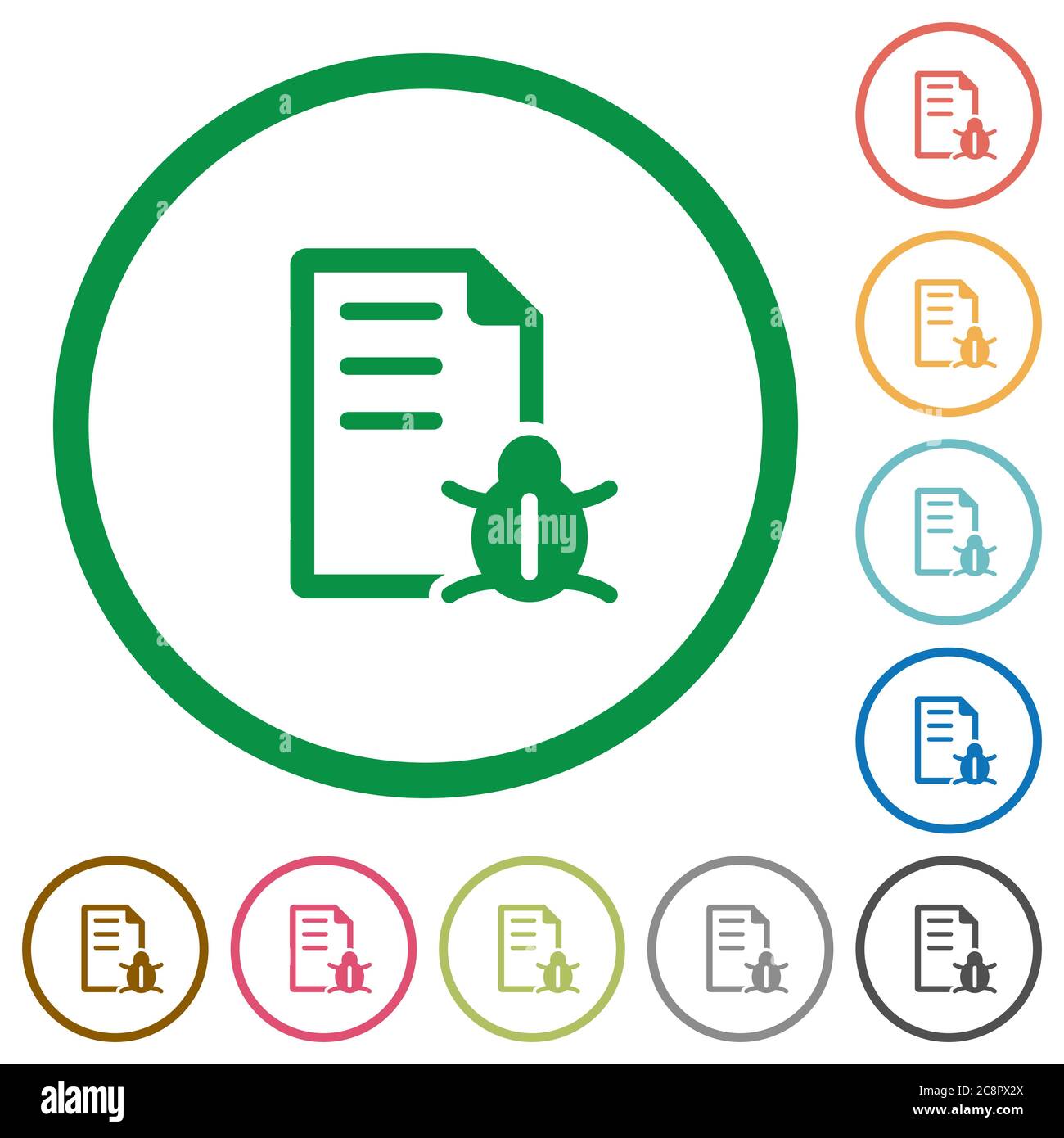 Set of bug report color round outlined flat icons on white background ...