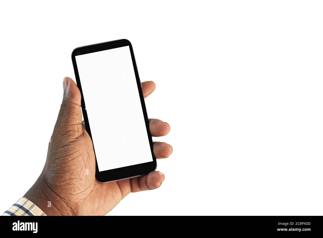 African man's hand holding a smartphone with a blank white screen
