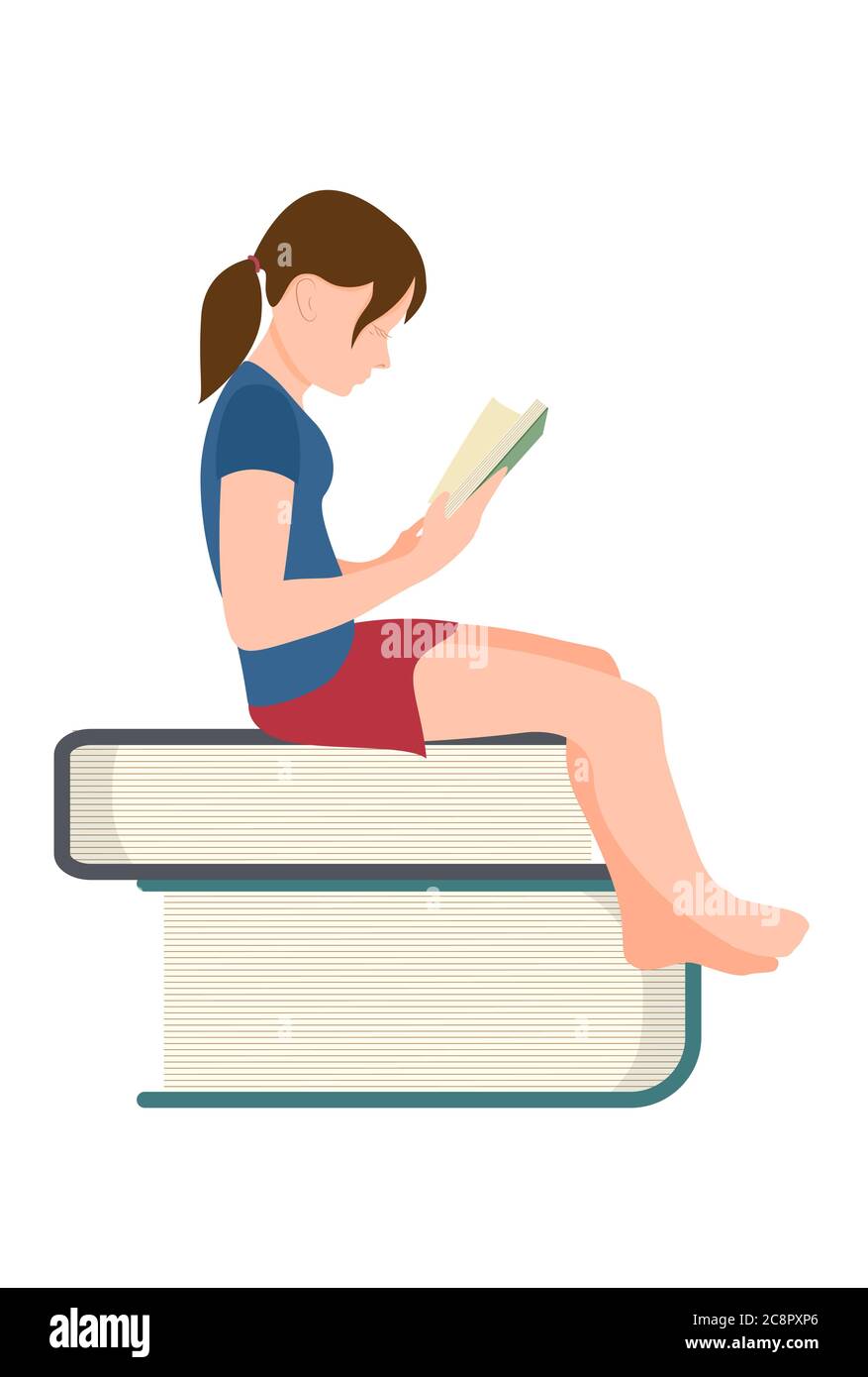 Girl sitting on the books and reading a book, book lovers day stock ...
