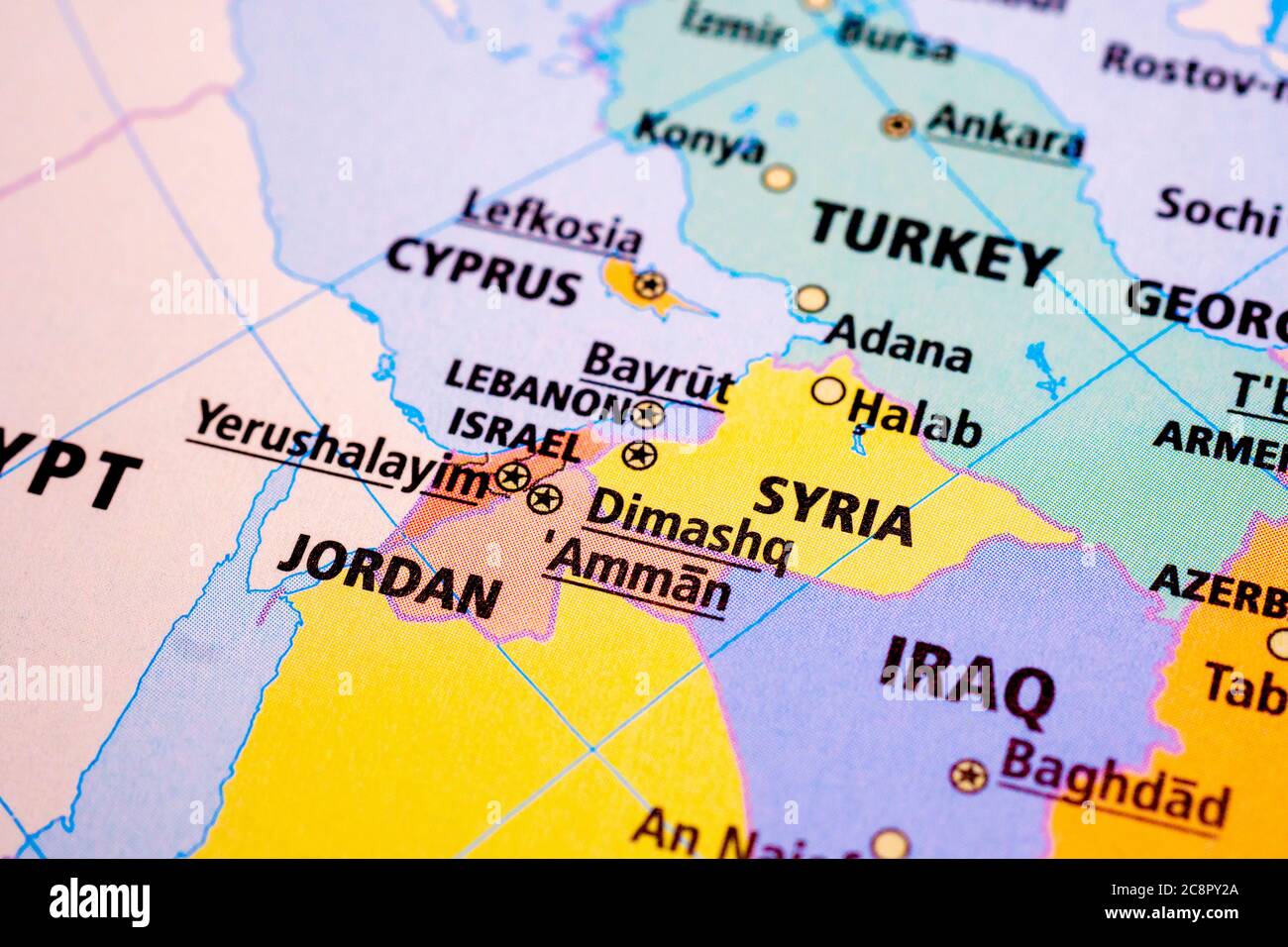 Map photography of Syria, Iraq, Jordan, Turkey Stock Photo