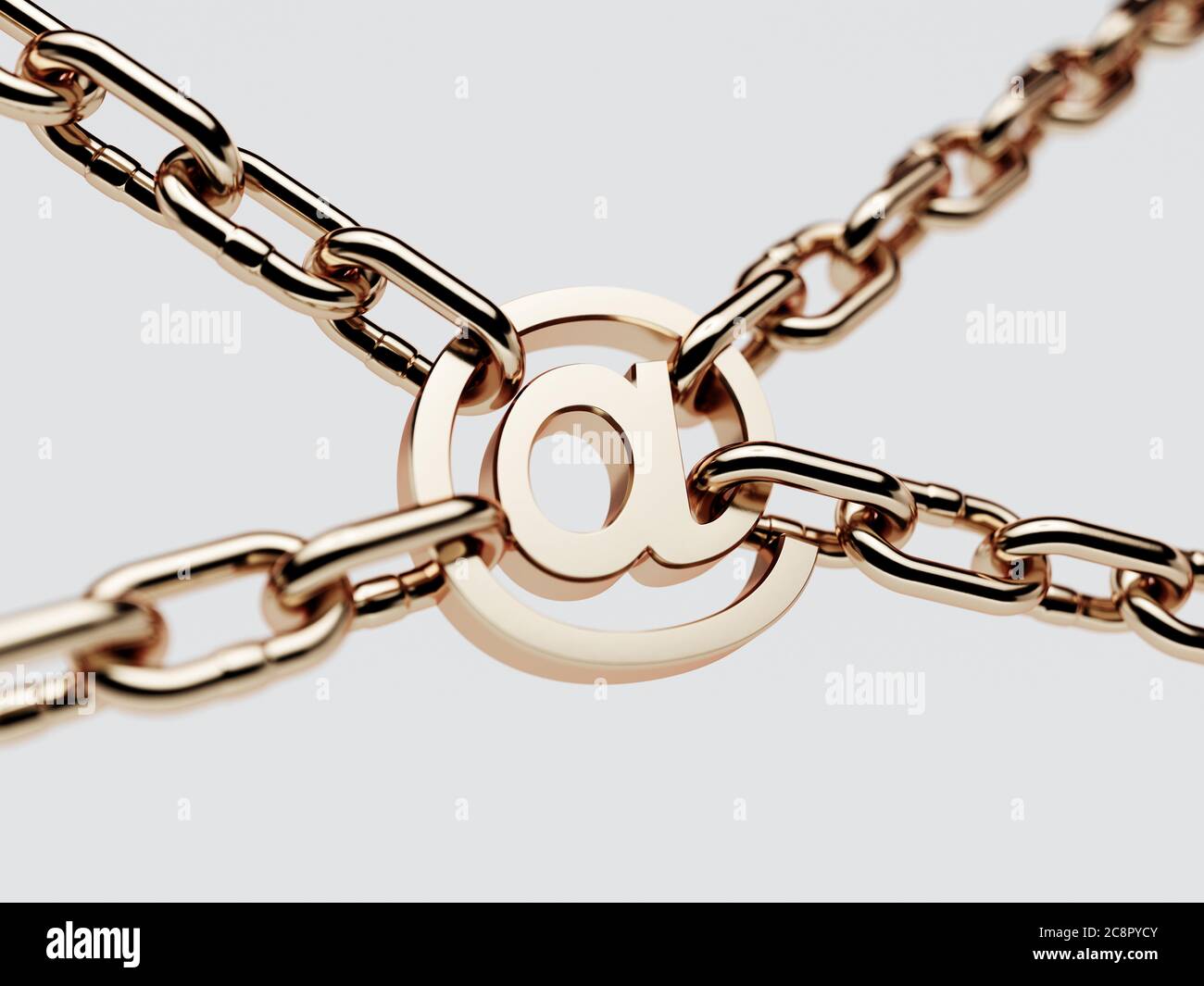 Email at golden symbol with metallic chain. 3d concept of protection e-mail, internet technology, business mail from virus,hacker, cyber attack Stock Photo