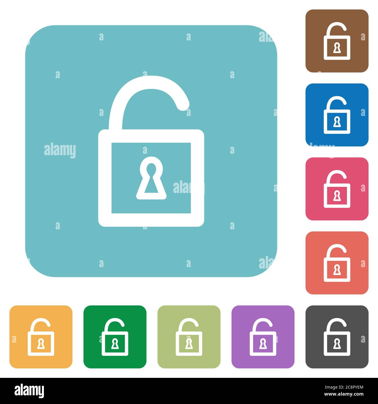 Flat unlocked padlock icons on rounded square color backgrounds Stock ...