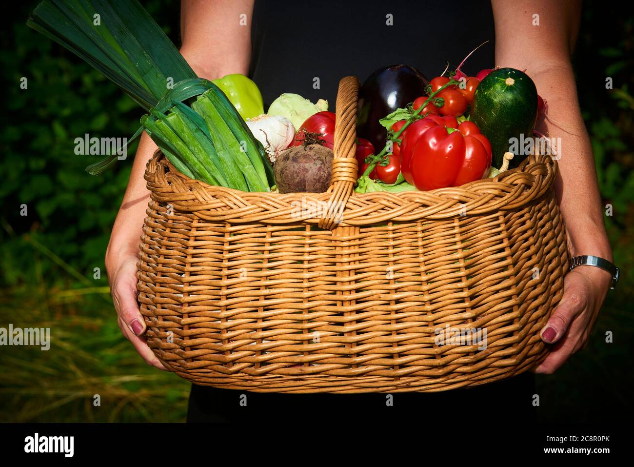 Farmer woman holding wicker basket full of fresh raw vegetables. Basket ...