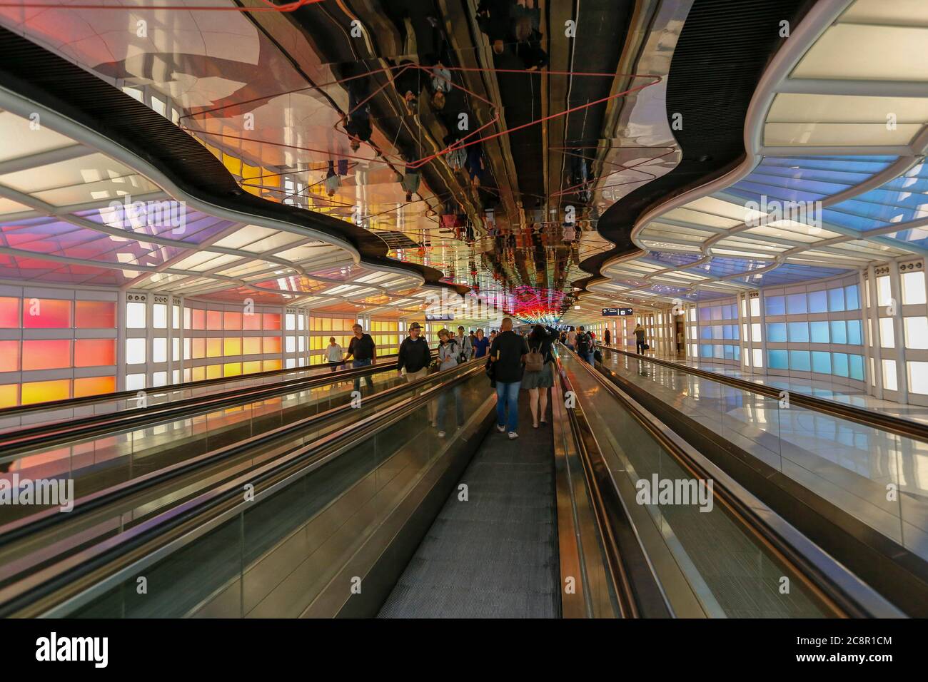 Chicago, IL, USA - July 20, 2018: Underground passage connecting terminals of the Chicago O'Hare airport Stock Photo