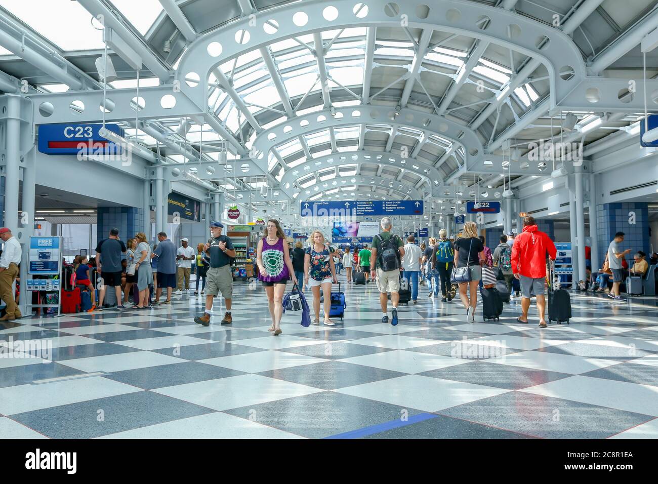 Chicago, USA July 20, 2018 Travelers walk to gates at Chicago O'Hare