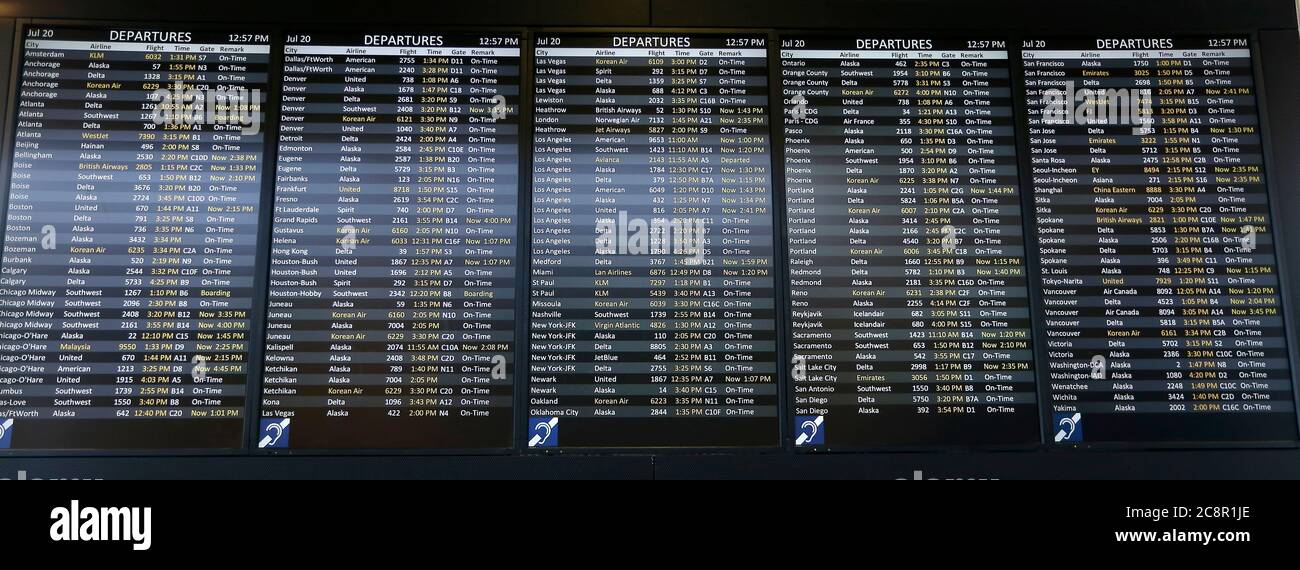 Sao Paulo, Brazil - Jul 20, 2018 - Flight information panel in Sao Paulo, Brazil, International Airport terminal 3. Stock Photo