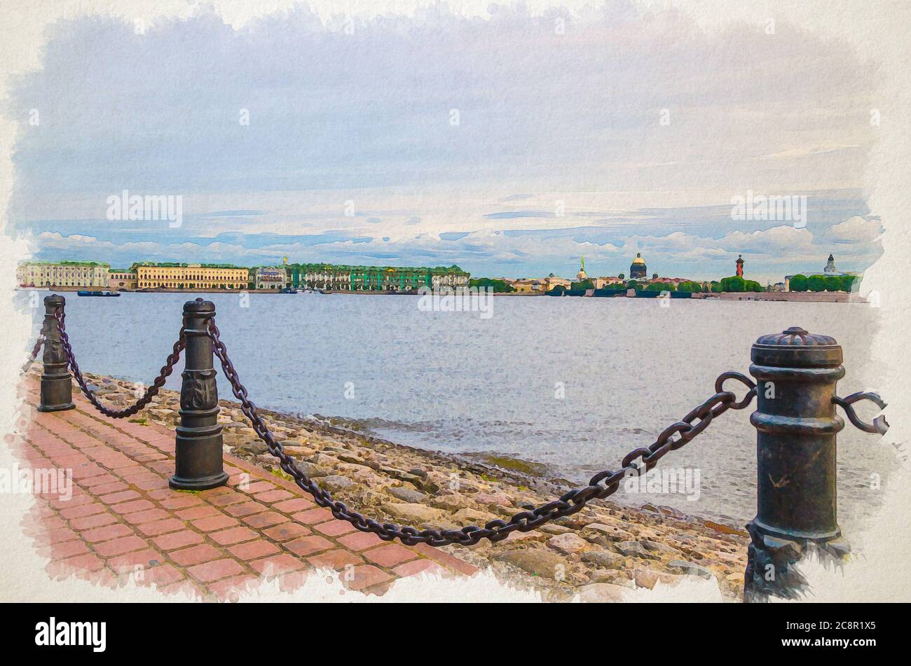 Watercolor drawing of Promenade of Zayachy Hare Island with Fencing chain posts, Neva river, Cityscape of Saint Petersburg with Winter Palace, State Hermitage Museum, Saint Isaac's Cathedral, Russia Stock Photo