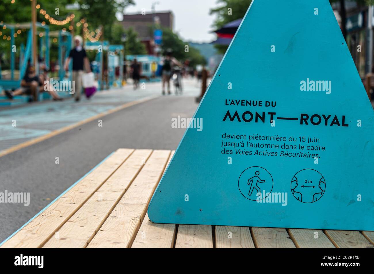 Montreal, CA - 26 July 2020: Voies actives securitaires (safe active transportation circuit) on Mont Royal Avenue during Covid-19 pandemic Stock Photo