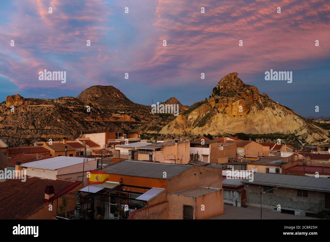 Sunset view of Archena with its mountains in Balneario de Archena, Murcia region of Spain. Stock Photo