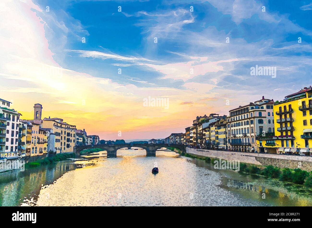 Watercolor drawing of St Trinity Bridge stone bridge and boat on Arno River water and promenade with buildings in centre of Florence city, bright blue orange evening sky clouds, Tuscany, Italy Stock Photo