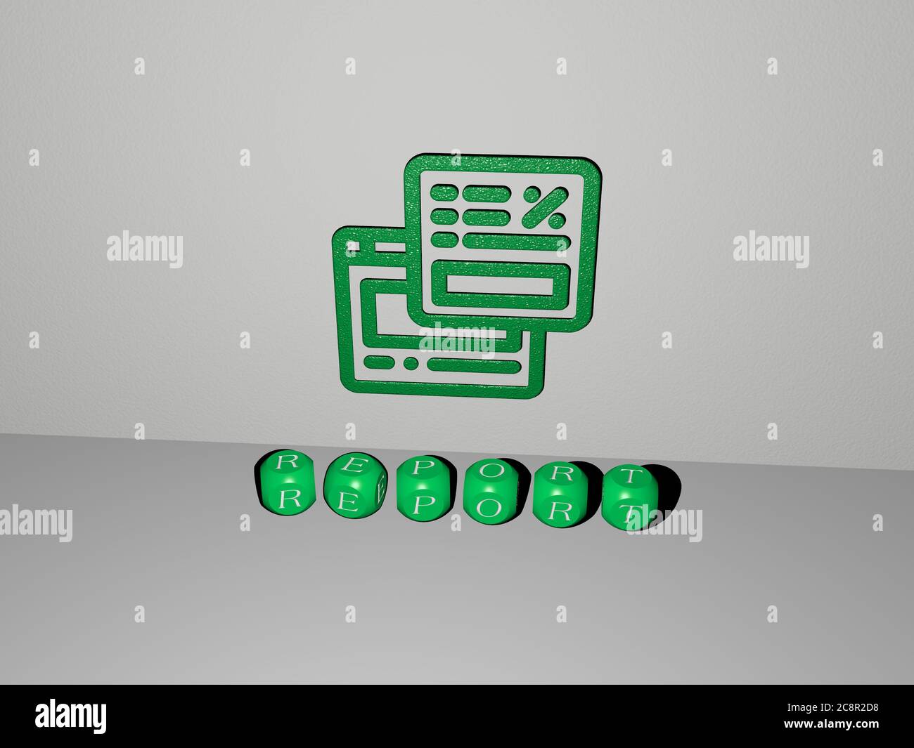 3D representation of report with icon on the wall and text arranged by ...