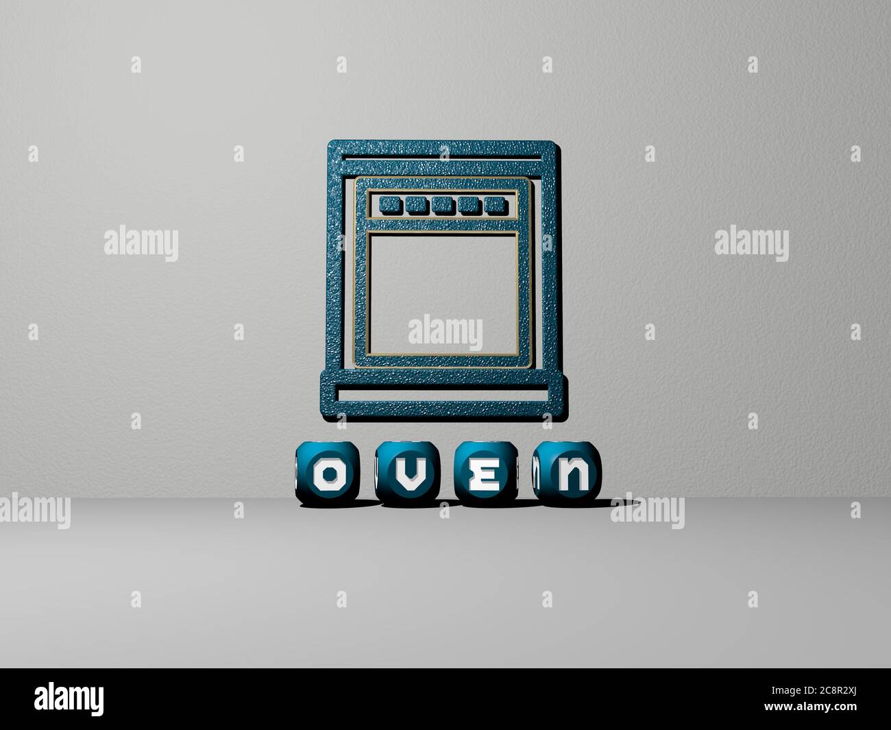 3D illustration of OVEN graphics and text made by metallic dice letters ...