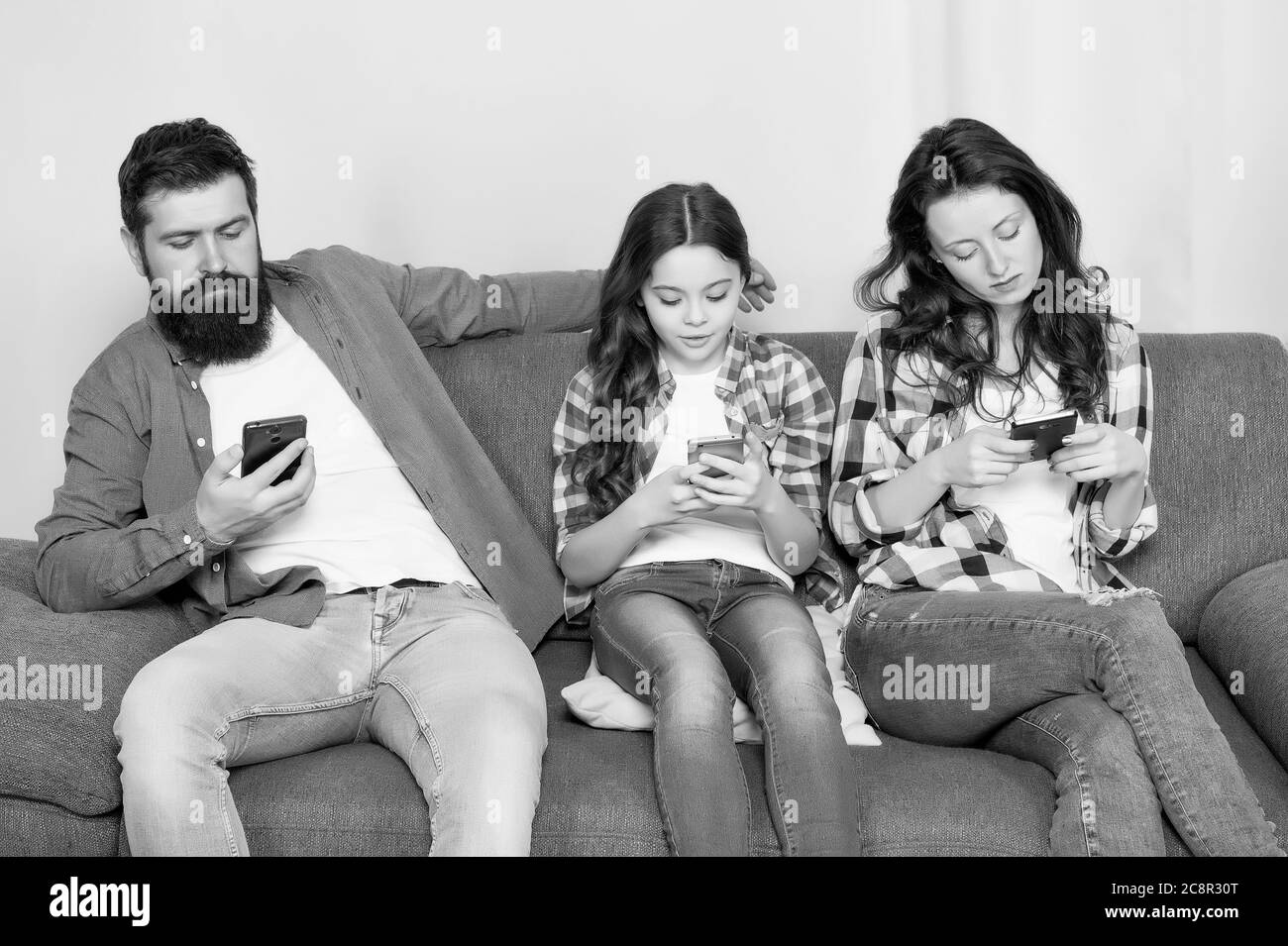 Online family. Family spend weekend online. Child little girl use