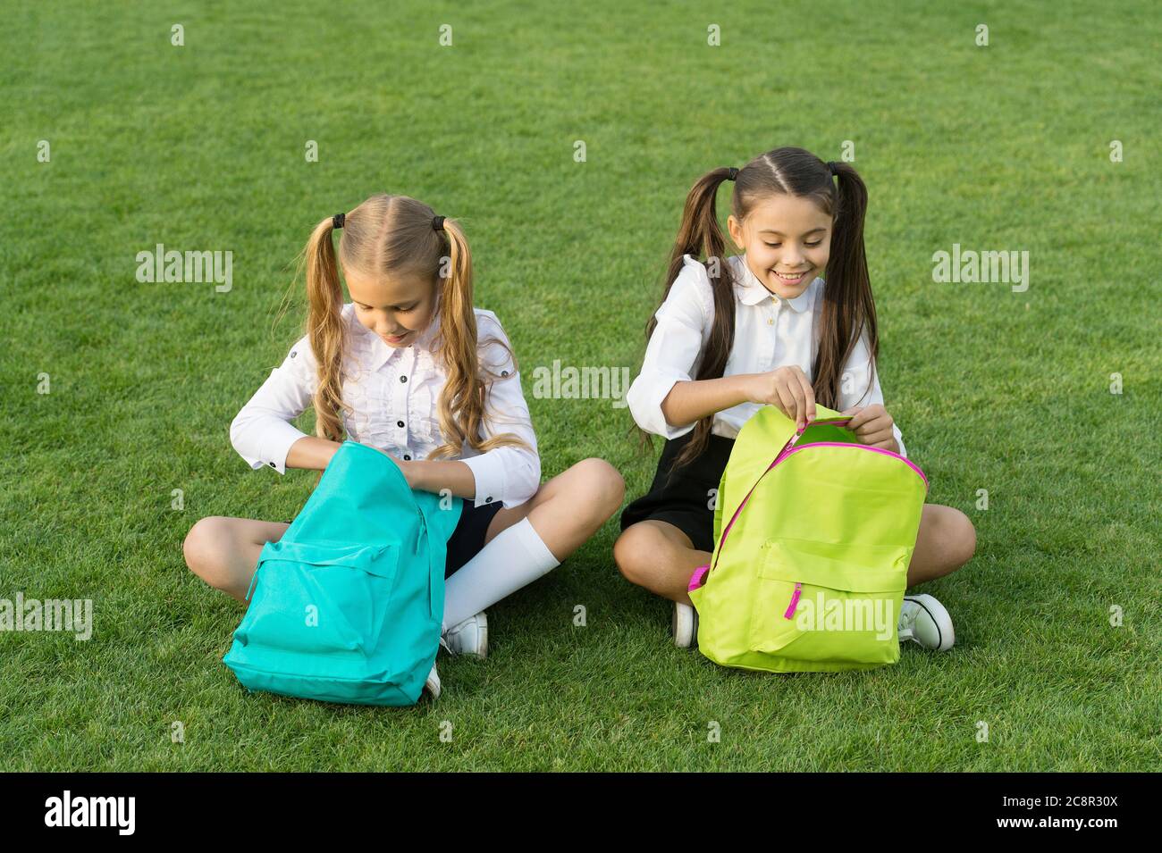 Group study outdoors girls classmates with backpacks, unpacking ...