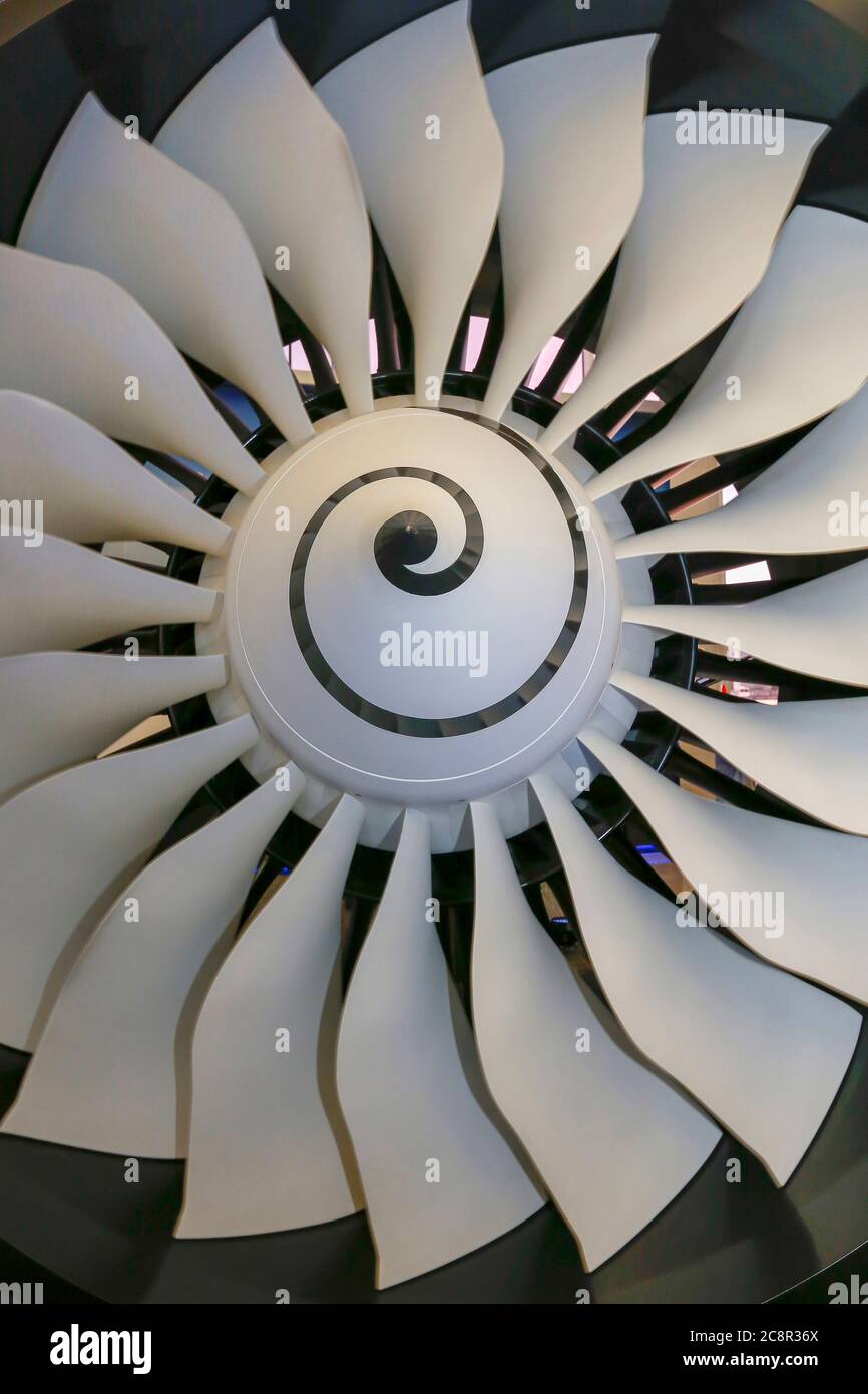 Close up of fan engine and turbine blades of modern civil passenger