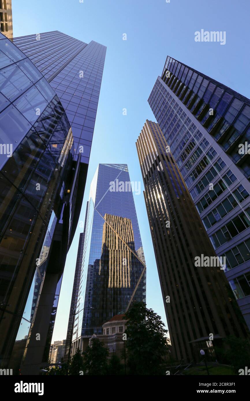 Modern buildings viewed from low angle on downtown of Seattle, Washington, USA Stock Photo